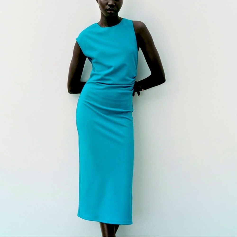 Zara asymmetrical blue midi dress, size small.